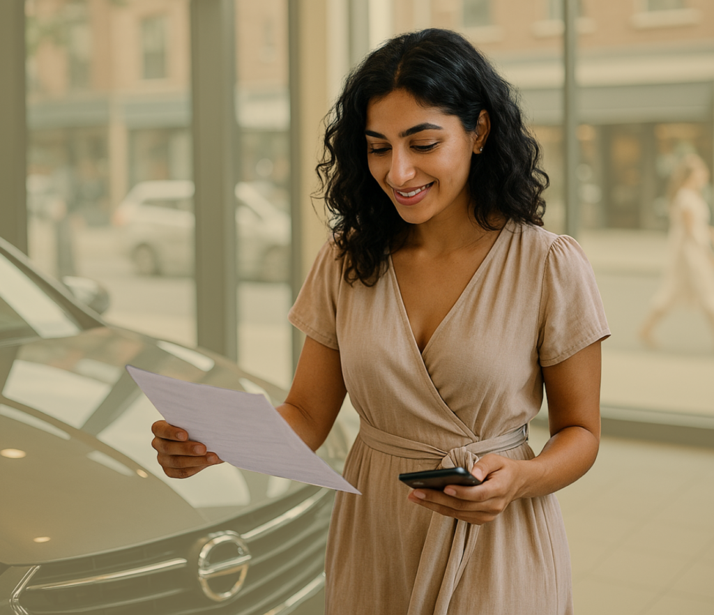 A person reviews a printed document while holding a phone beside a vehicle in a bright showroom setting.