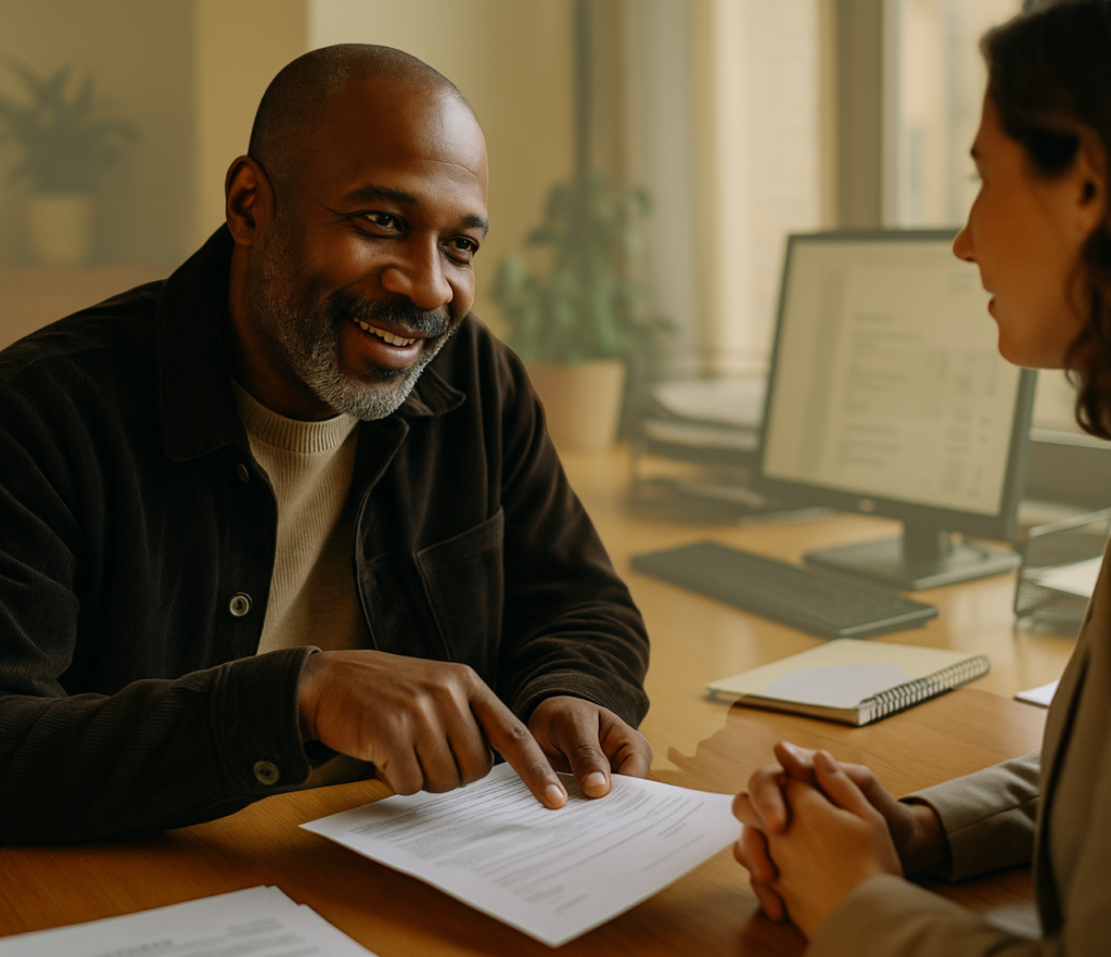 Two people review paperwork together across a desk in an office setting while one points to a document during the discussion.