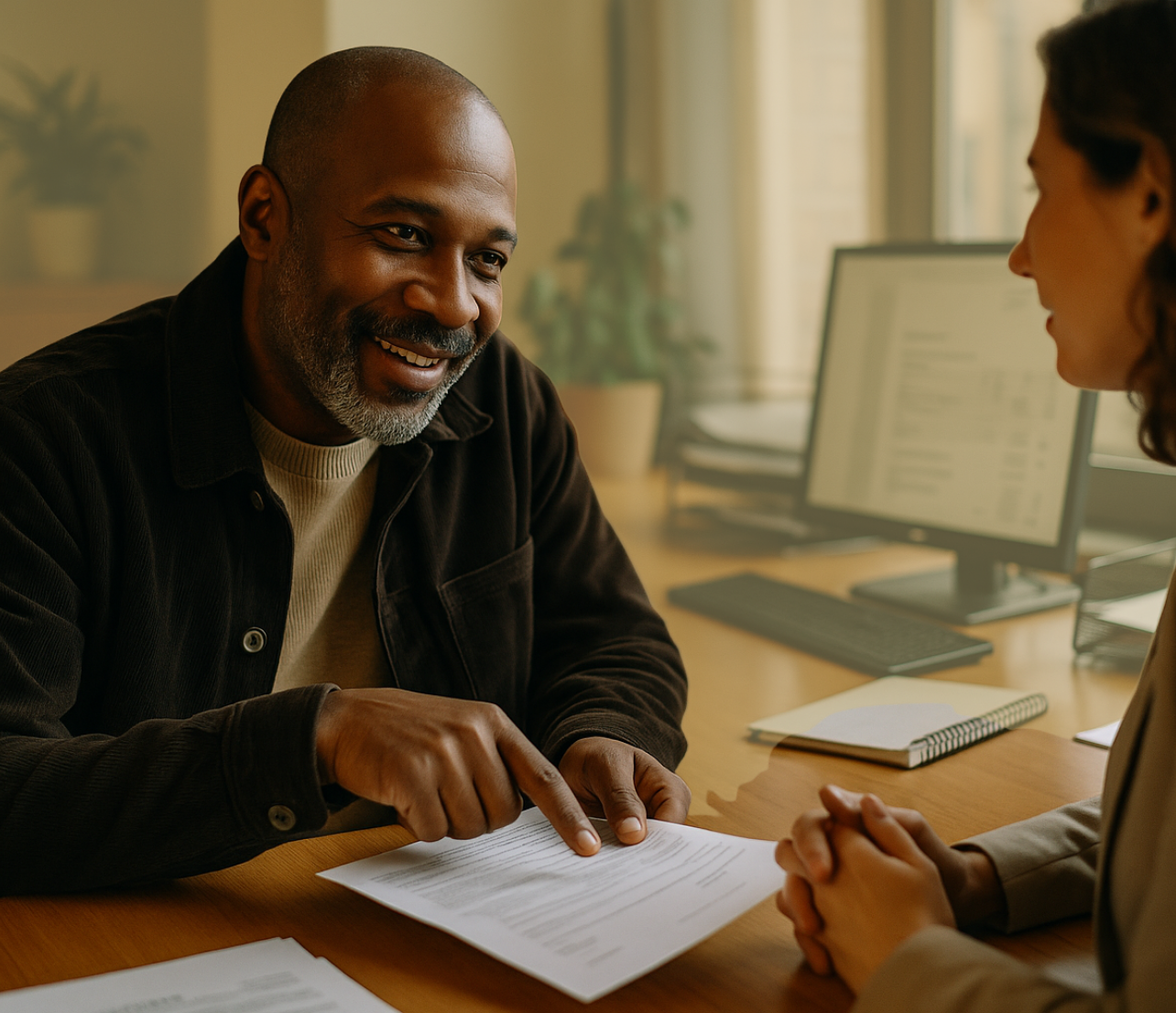 Two people review paperwork together across a desk in an office setting while one points to a document during the discussion.