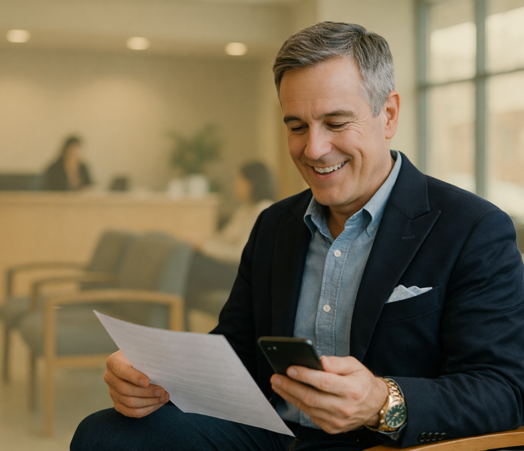 A person looks at a printed document while checking a phone in a waiting-area setting.