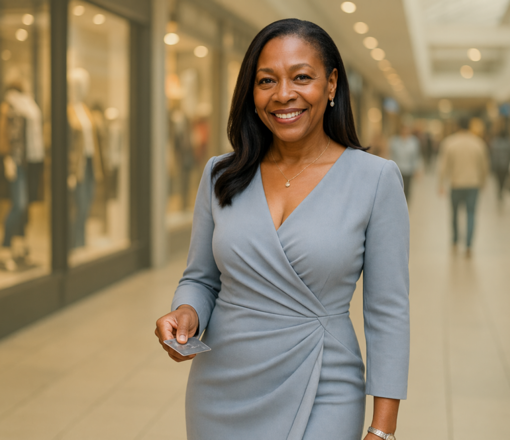 A woman stands in a shopping corridor holding a credit card while smiling in a retail setting with storefronts in the background.