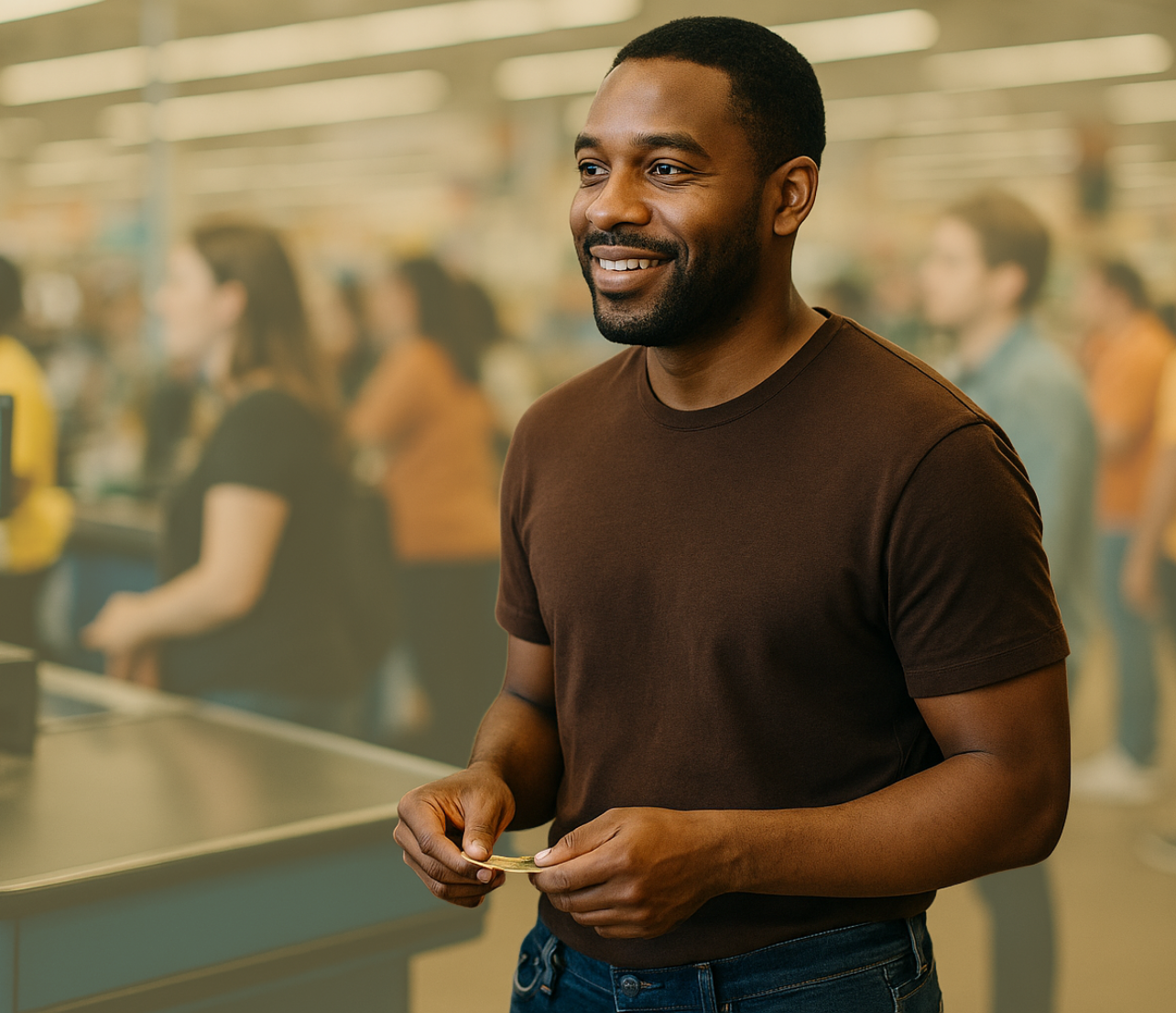 A person stands in a checkout area holding a card while looking ahead in a busy retail environment with shoppers in the background.