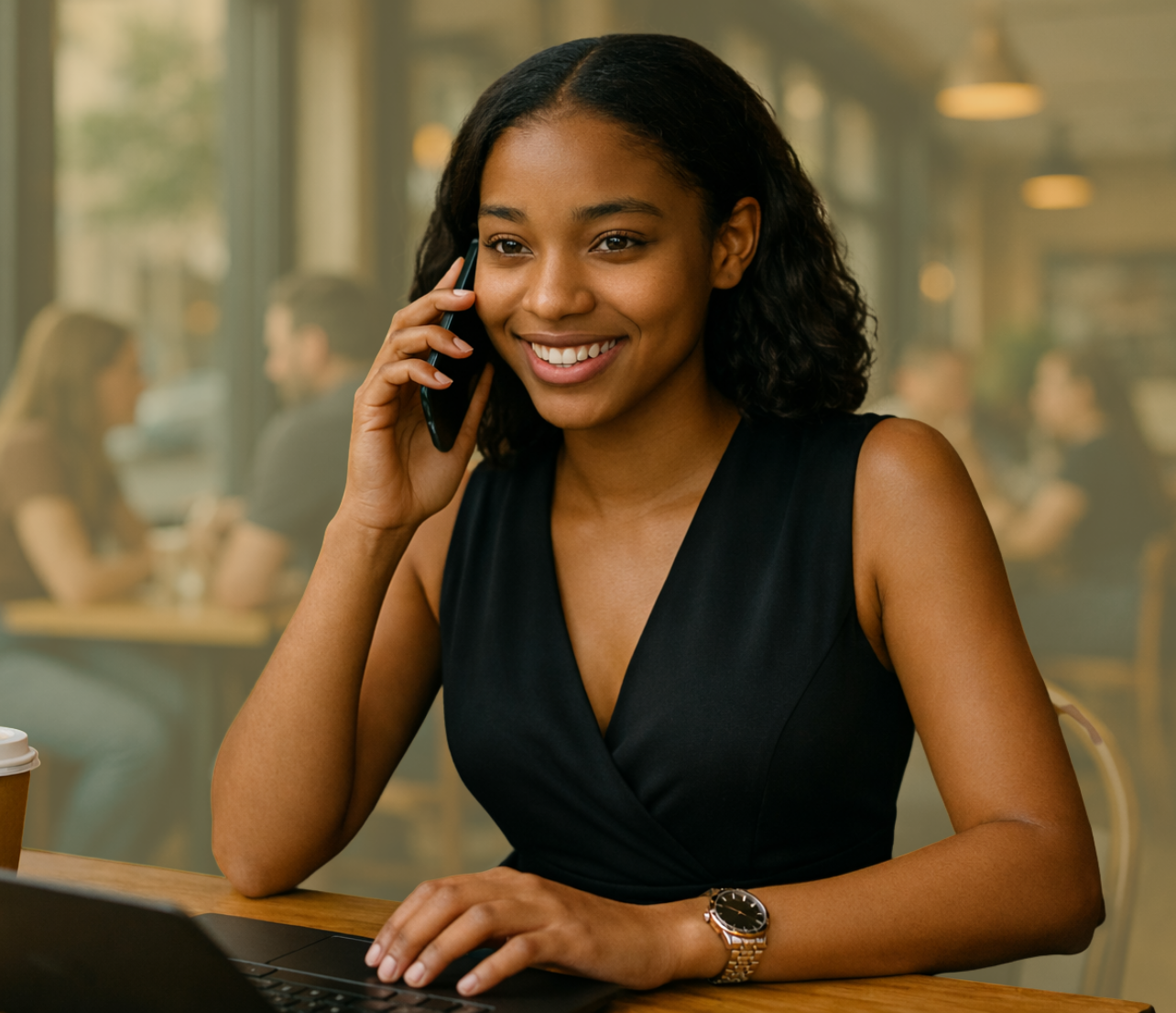 A person sits at a table using a phone while smiling during a call in a café-like setting with a laptop and coffee nearby.