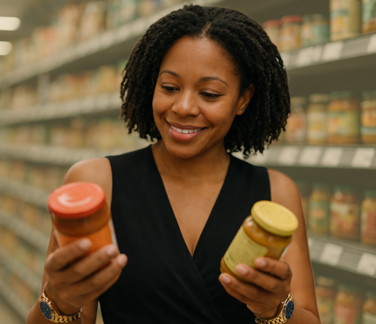 A person compares two grocery items while shopping in a store aisle lined with shelves in the background.