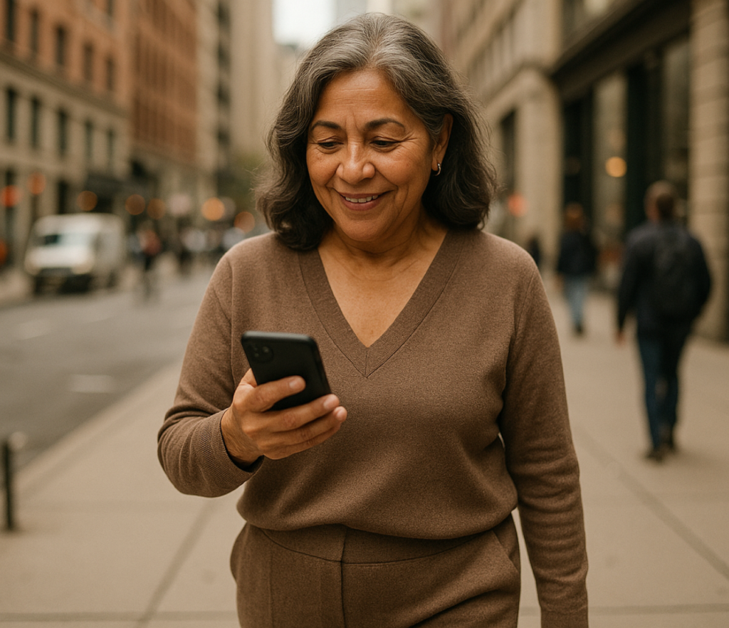 A woman looks at a phone while walking down a city street lined with buildings and pedestrians in the background.