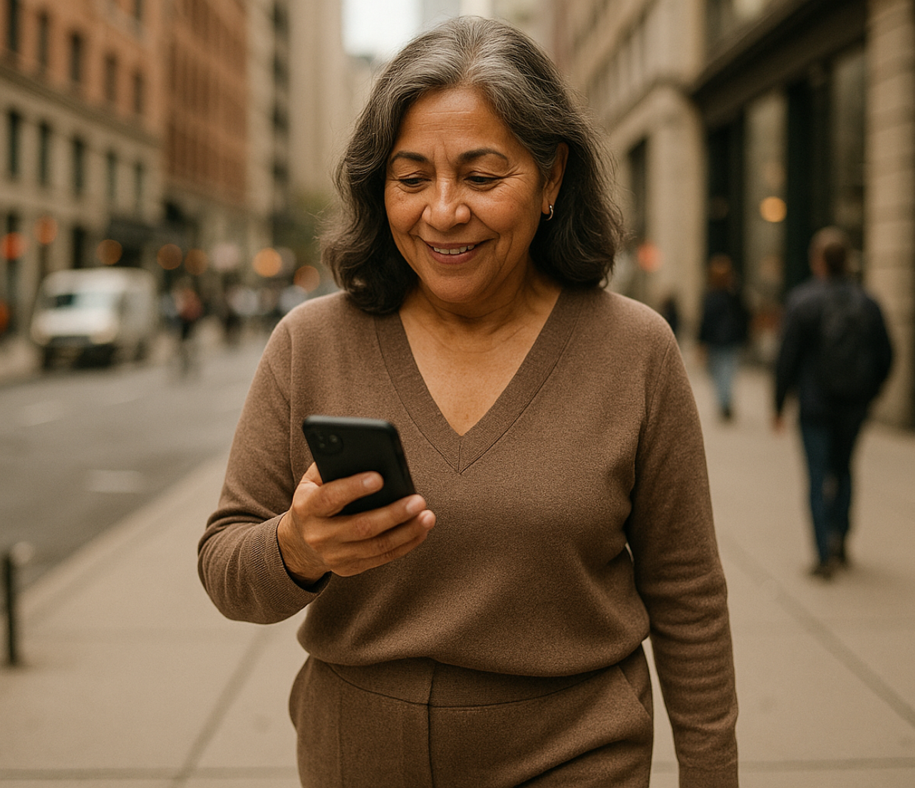 A woman looks at a phone while walking down a city street lined with buildings and pedestrians in the background.