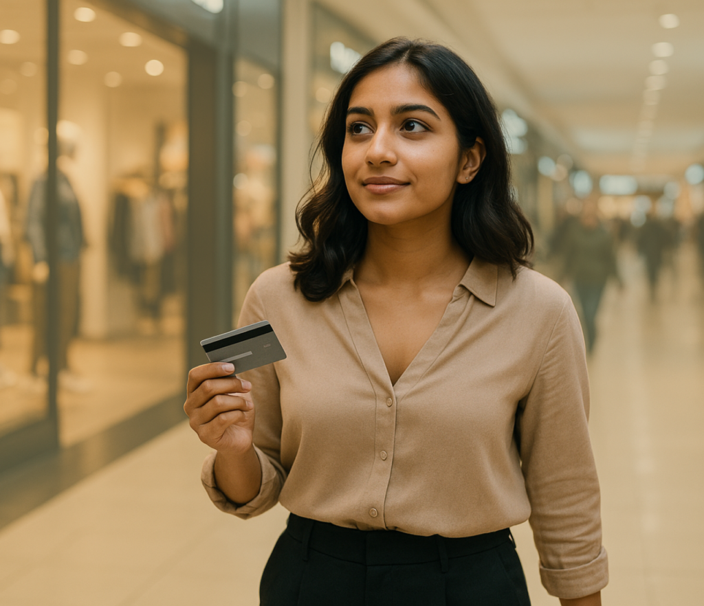 A person holds a credit card while standing in a shopping corridor with storefronts and soft lighting in the background.