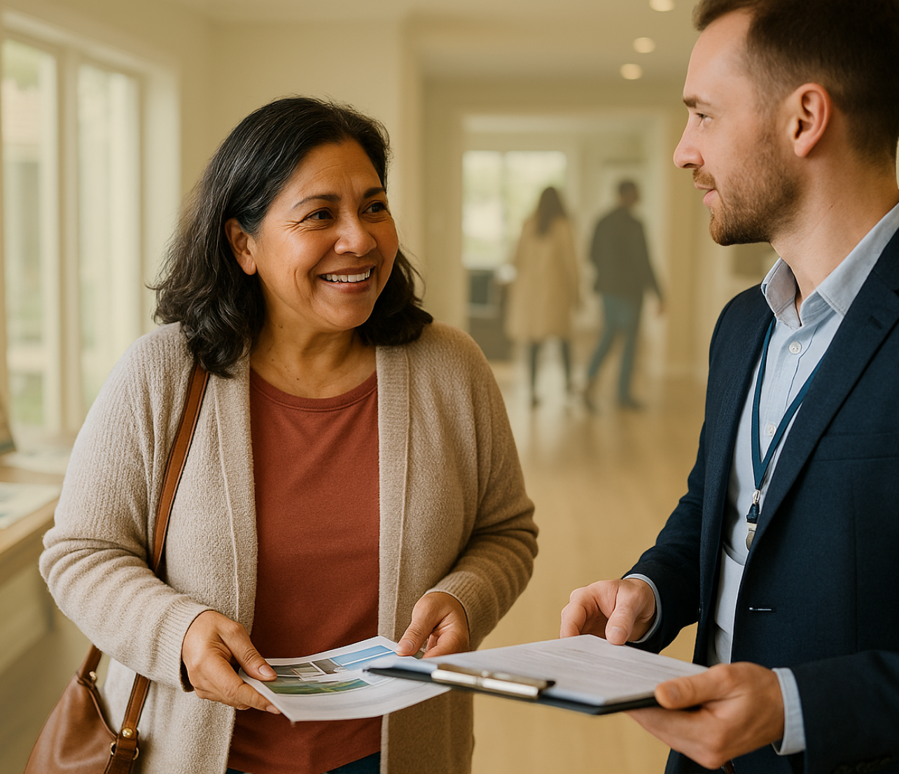 Two people review paperwork together in a bright office or service setting while one holds documents during the conversation.