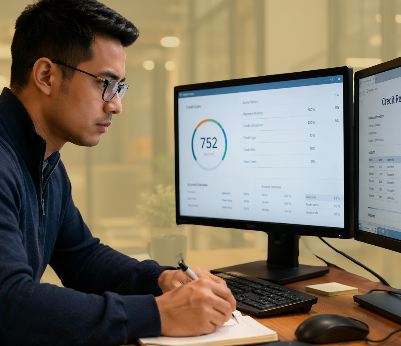 A person studies credit report information on dual computer monitors showing score factors
