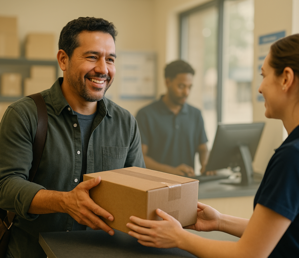 A person hands a package across a service counter while smiling during a completed transaction.