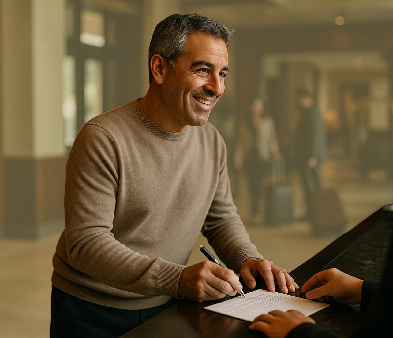 Two people speak while reviewing documents in a bright office or service setting.