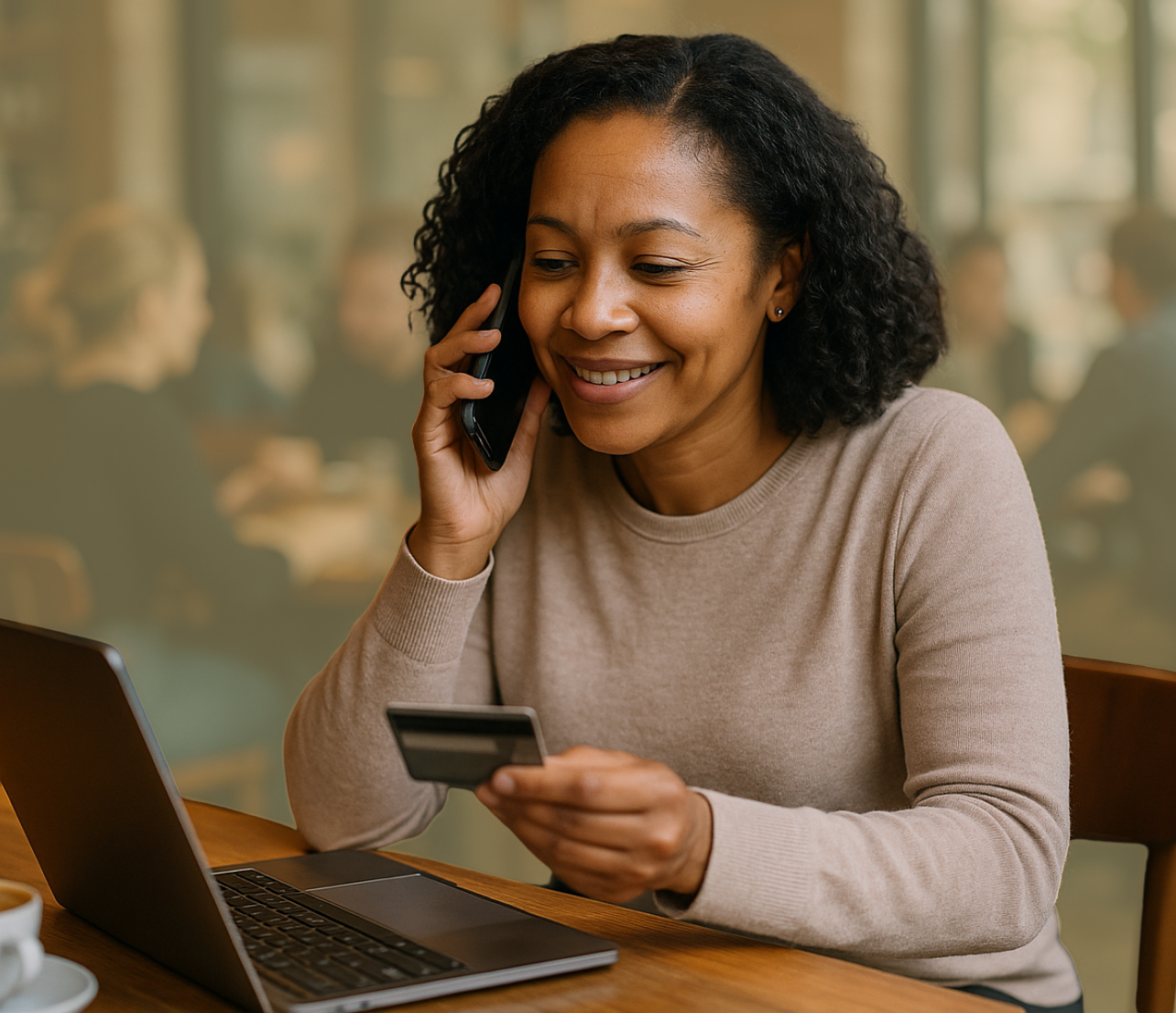 A person talks on the phone while holding a credit card and working on a laptop at a table.