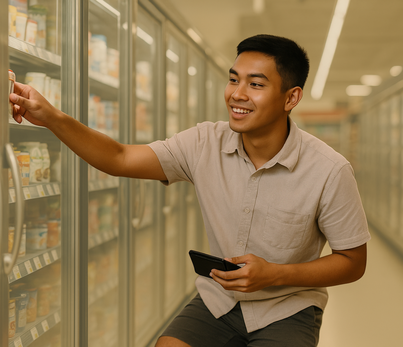 A person reaches into a freezer case while holding a phone in a grocery store setting.