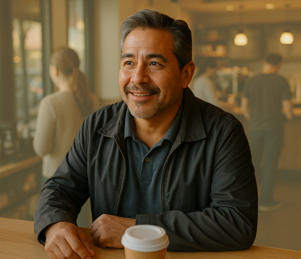 A person sits at a table in a café setting with a coffee cup nearby