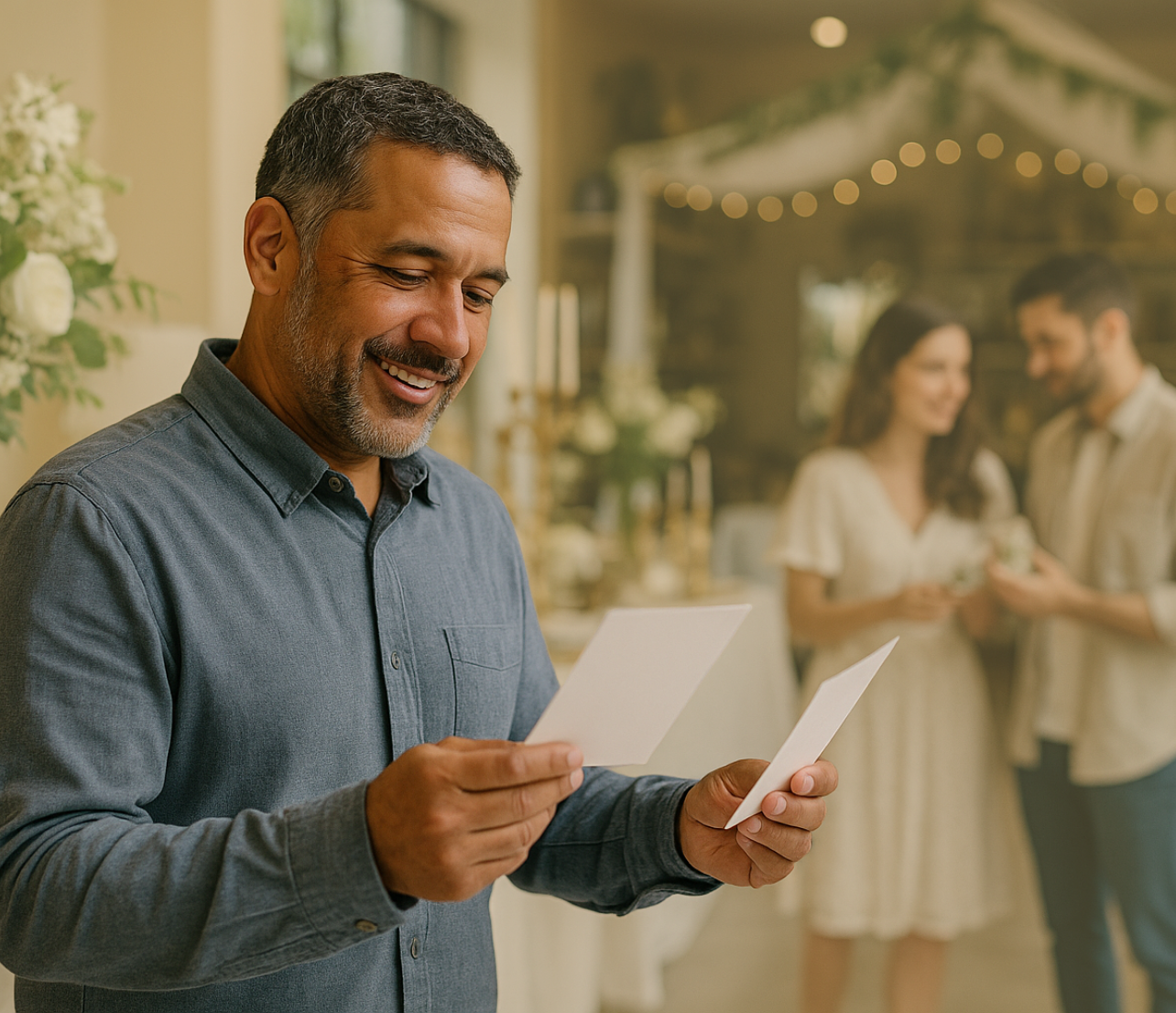 A person reviews two cards or documents while standing indoors in a softly lit event-style setting.