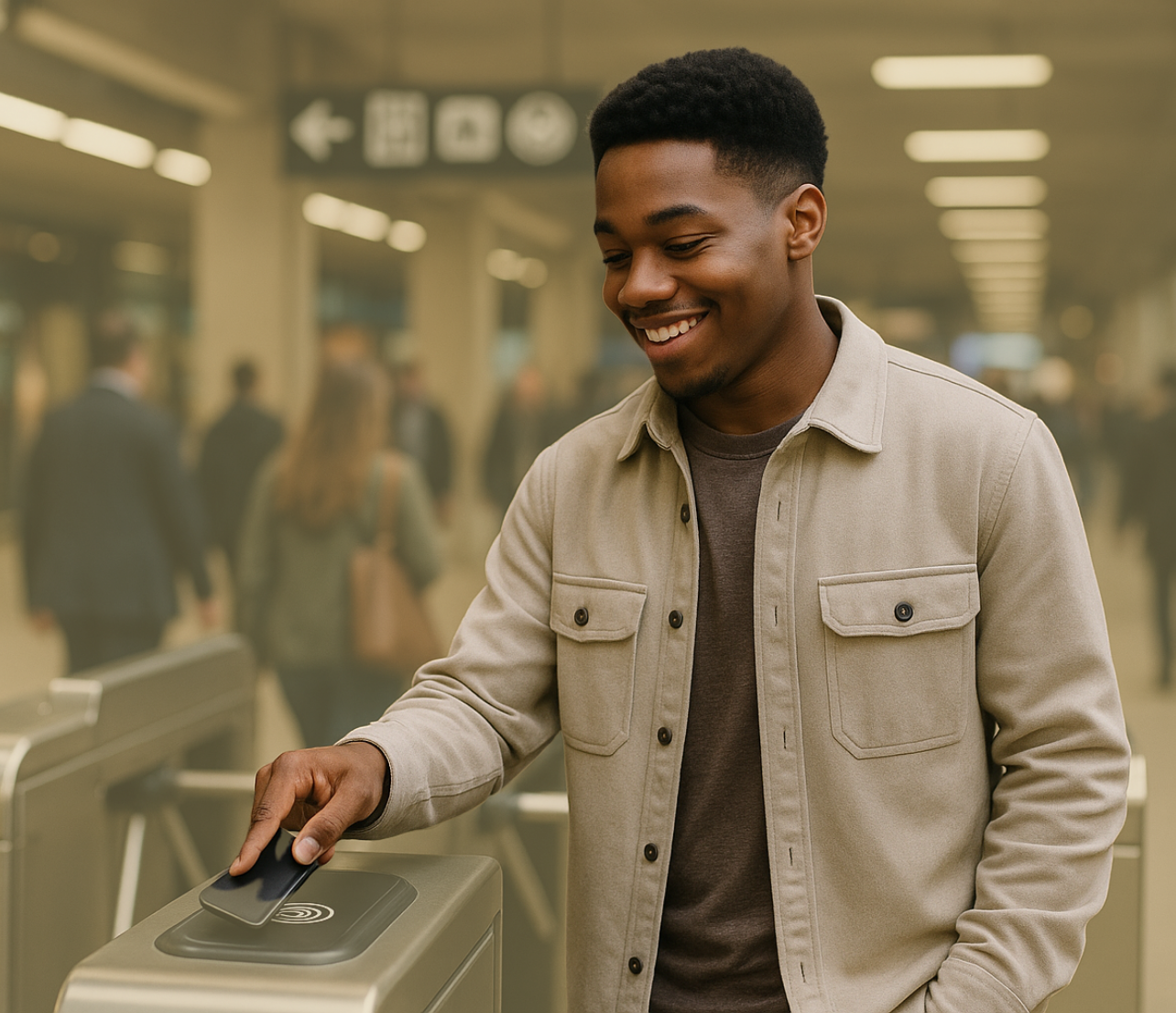 A person taps a card at a transit-style gate in a busy indoor setting with people in the background.