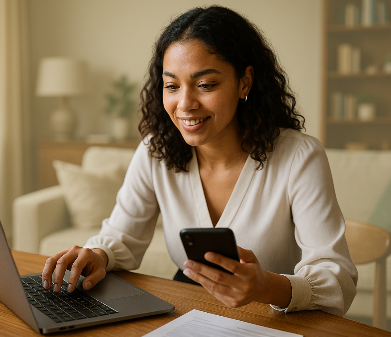 A person sits at a table using a laptop while checking a phone in a home setting with a document on the table.