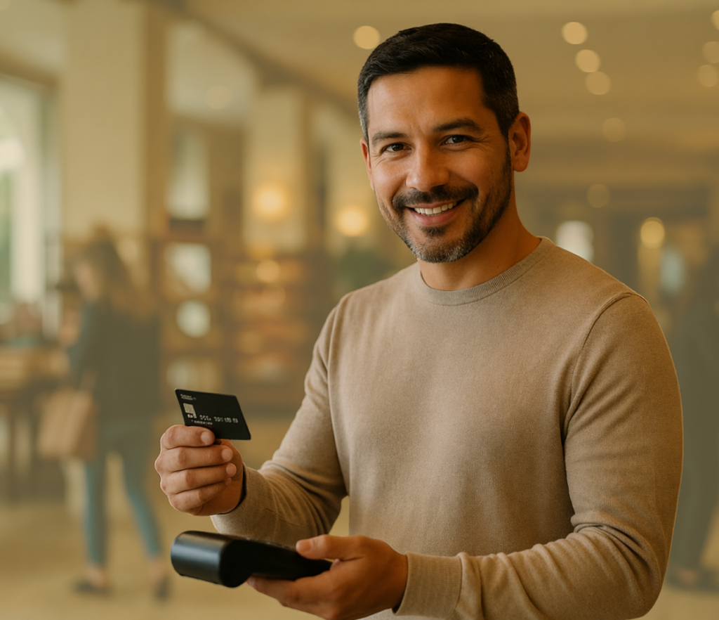 A person holds a credit card and payment terminal while standing in a softly lit indoor setting.