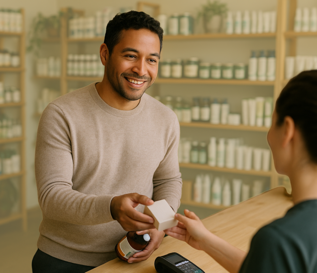 A person hands a product across a counter in a retail or service setting while completing a transaction with another person.