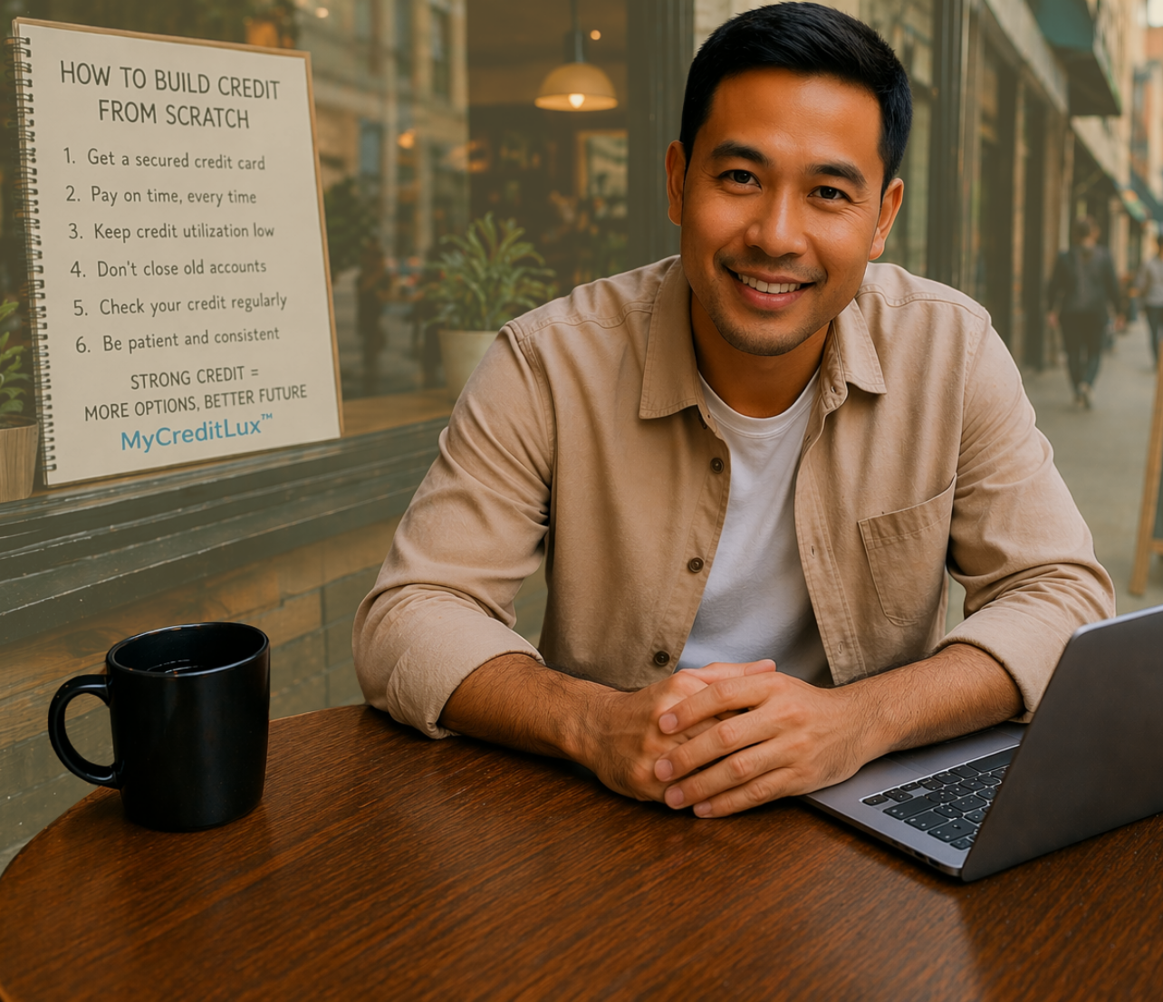 A person sits at an outdoor table beside a laptop and a mug