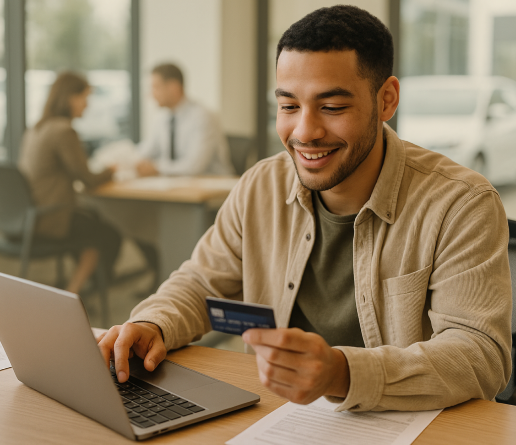 A person uses a laptop while holding a credit card at a desk in an office setting with paperwork visible nearby.