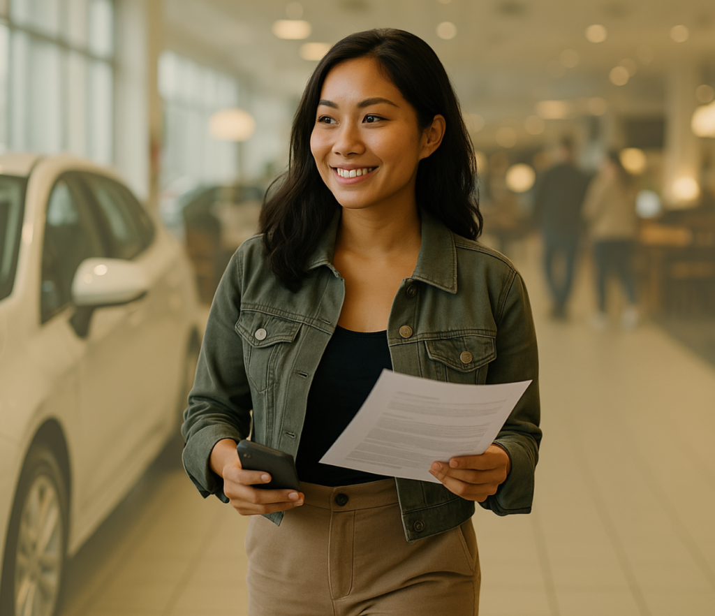 A person stands indoors holding a phone and a document in a bright showroom-style setting.