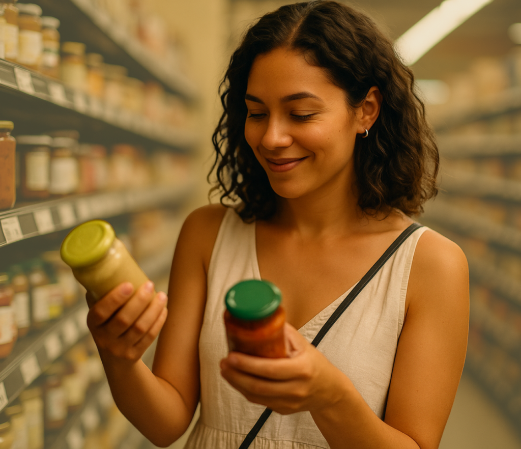 A person compares two grocery items in a store aisle lined with shelves in the background.