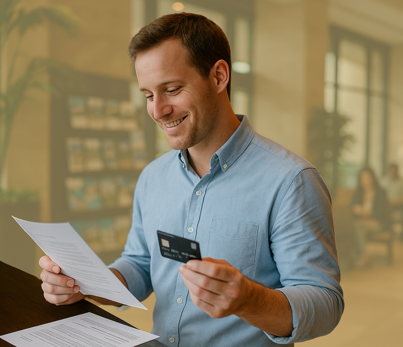 A person stands indoors holding a credit card and a printed document while reviewing both at the same time.