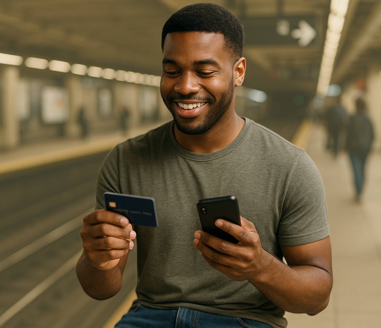 A person sits in a transit-style setting holding a credit card in one hand and a phone in the other while smiling.