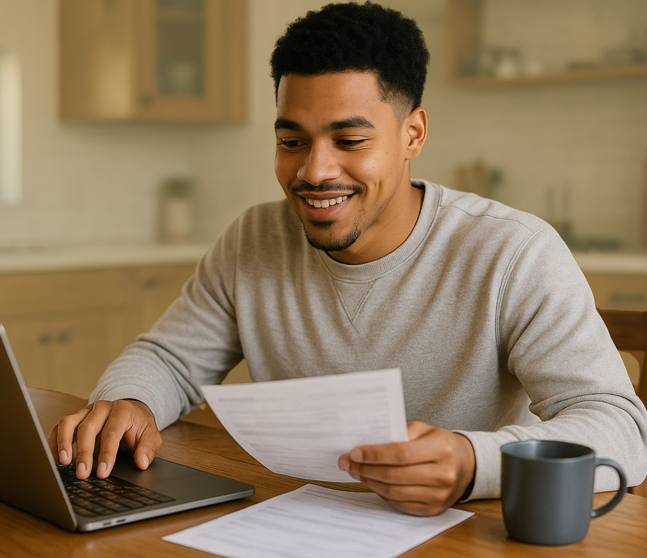 A person reviews a document while using a laptop at a table in a home kitchen setting with a mug nearby.