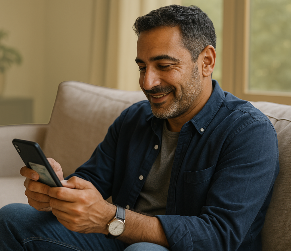 A person sits on a couch at home looking at a phone with both hands in a relaxed indoor setting.