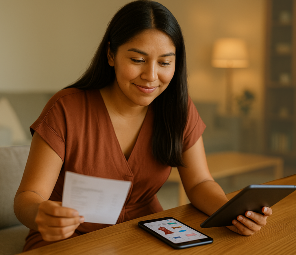 A person holds a credit card while standing in a softly lit indoor setting with people blurred in the background.