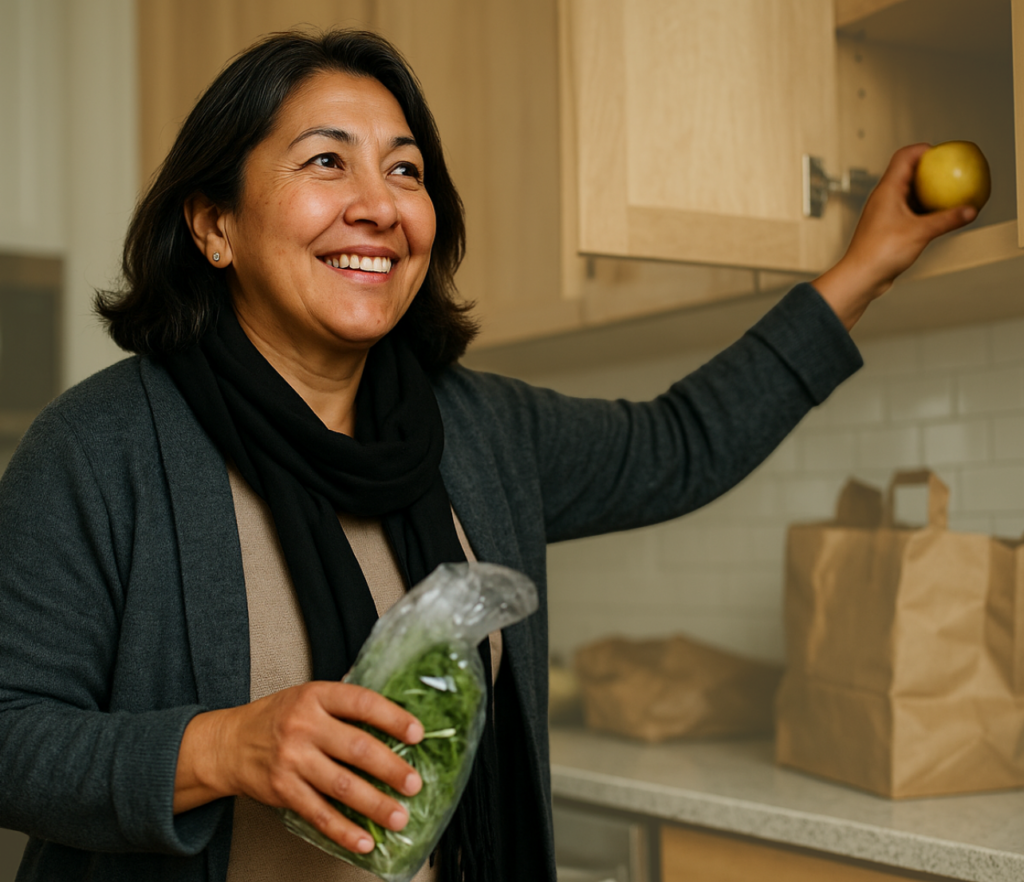 A person compares two grocery items while standing in a store aisle with shelves of products in the background.