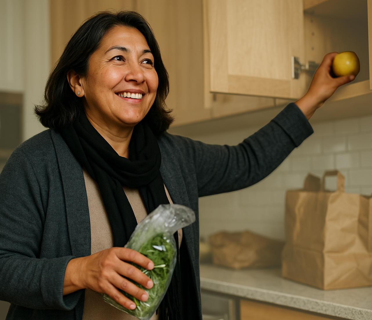 A person compares two grocery items while standing in a store aisle with shelves of products in the background.