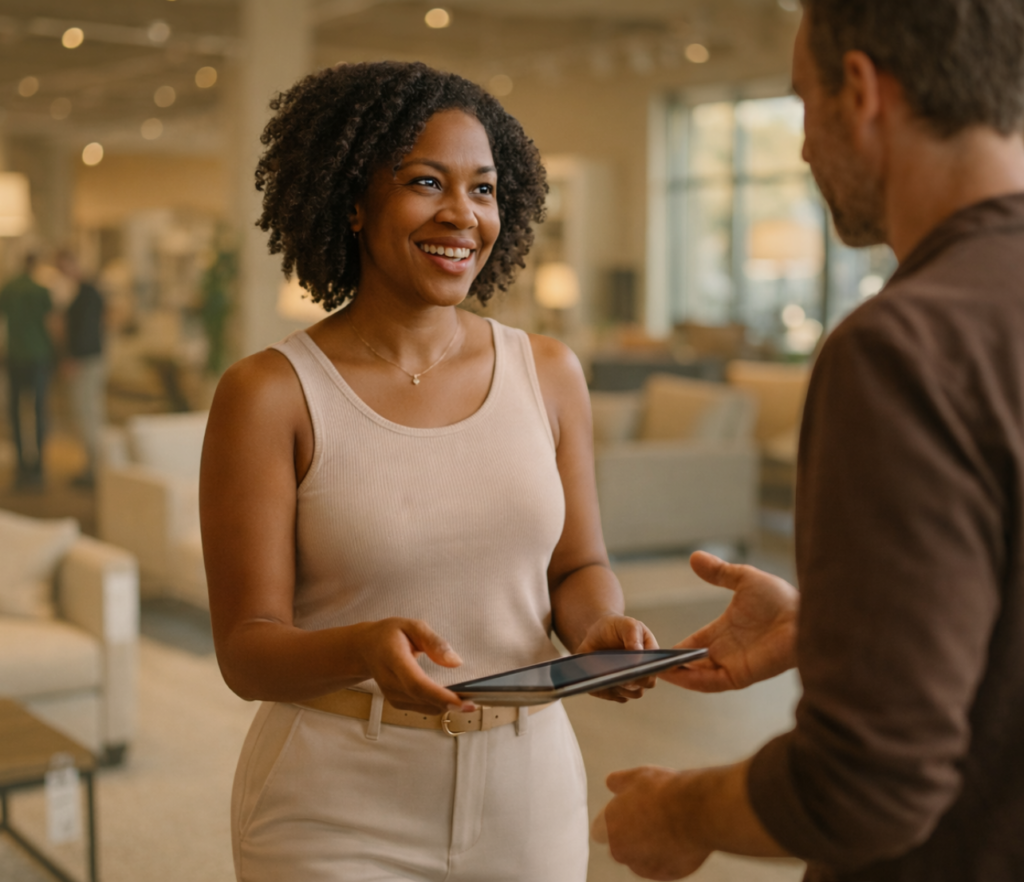 Smiling customer holding a tablet while speaking with a representative in a modern office lounge.