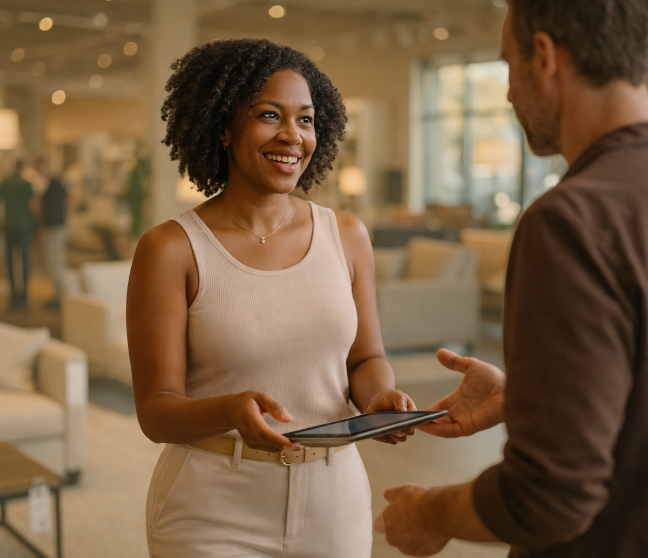 Smiling customer holding a tablet while speaking with a representative in a modern office lounge.