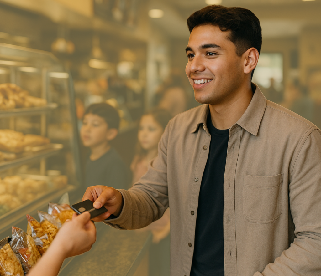 Customer handing over a credit card while making a purchase at a bakery counter.