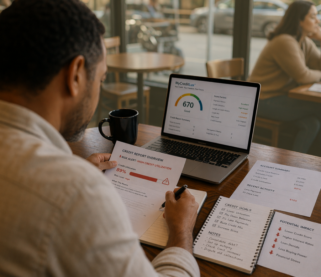 Person reviewing a credit report summary and score dashboard at a café table with notes and account papers nearby.