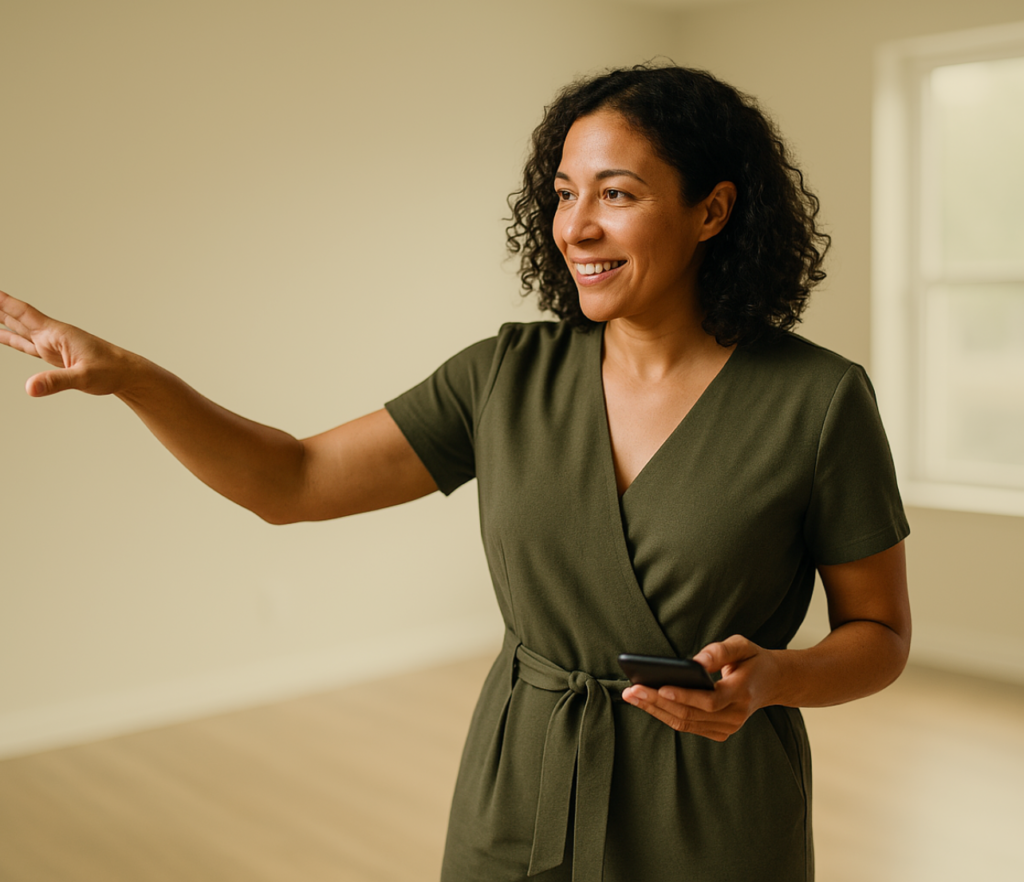 Smiling woman holding a phone and gesturing toward an empty room during a conversation.
