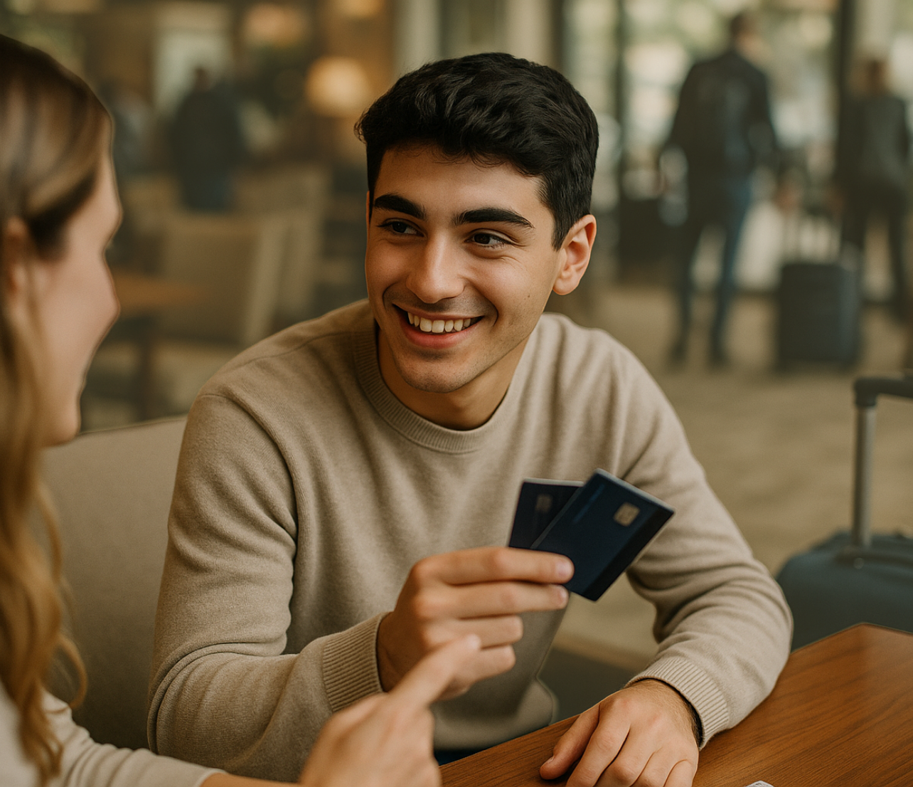 Young man holding two credit cards while talking with another person at a table.