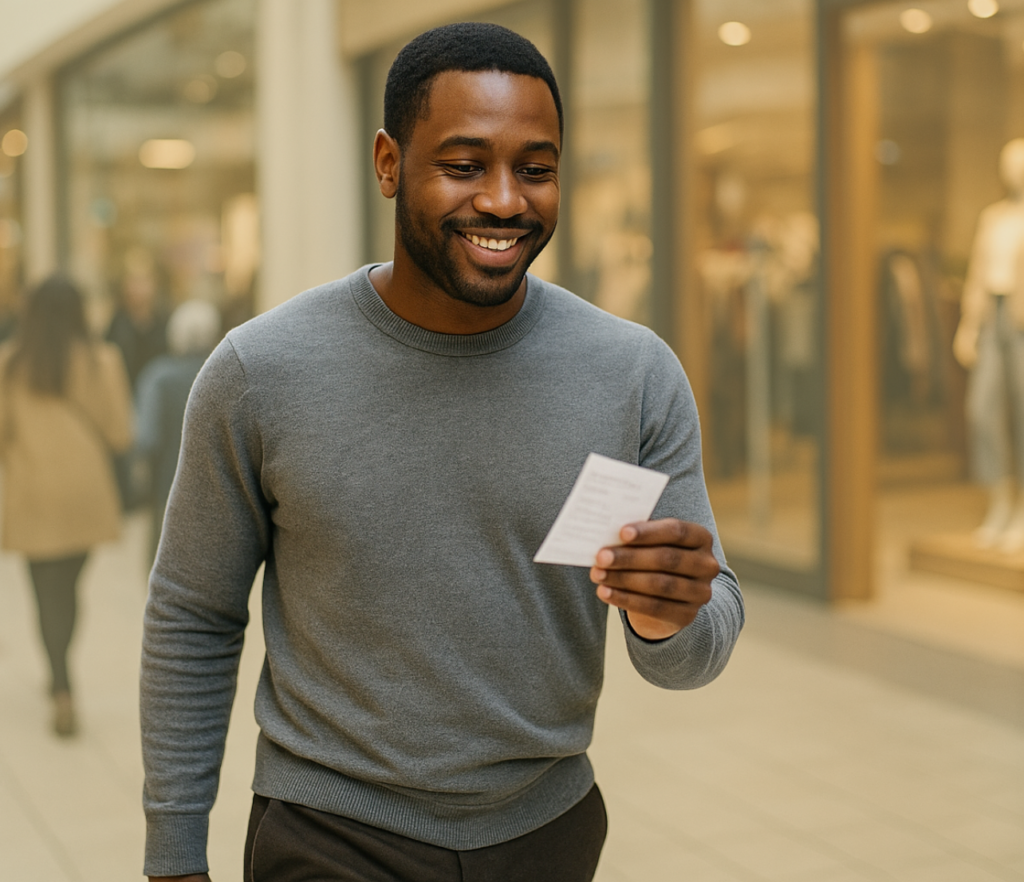 Man walking through a shopping area while looking at a paper receipt.