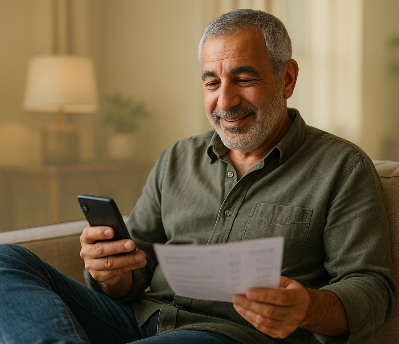 Man seated at home holding a phone and paper bill while reviewing account information.
