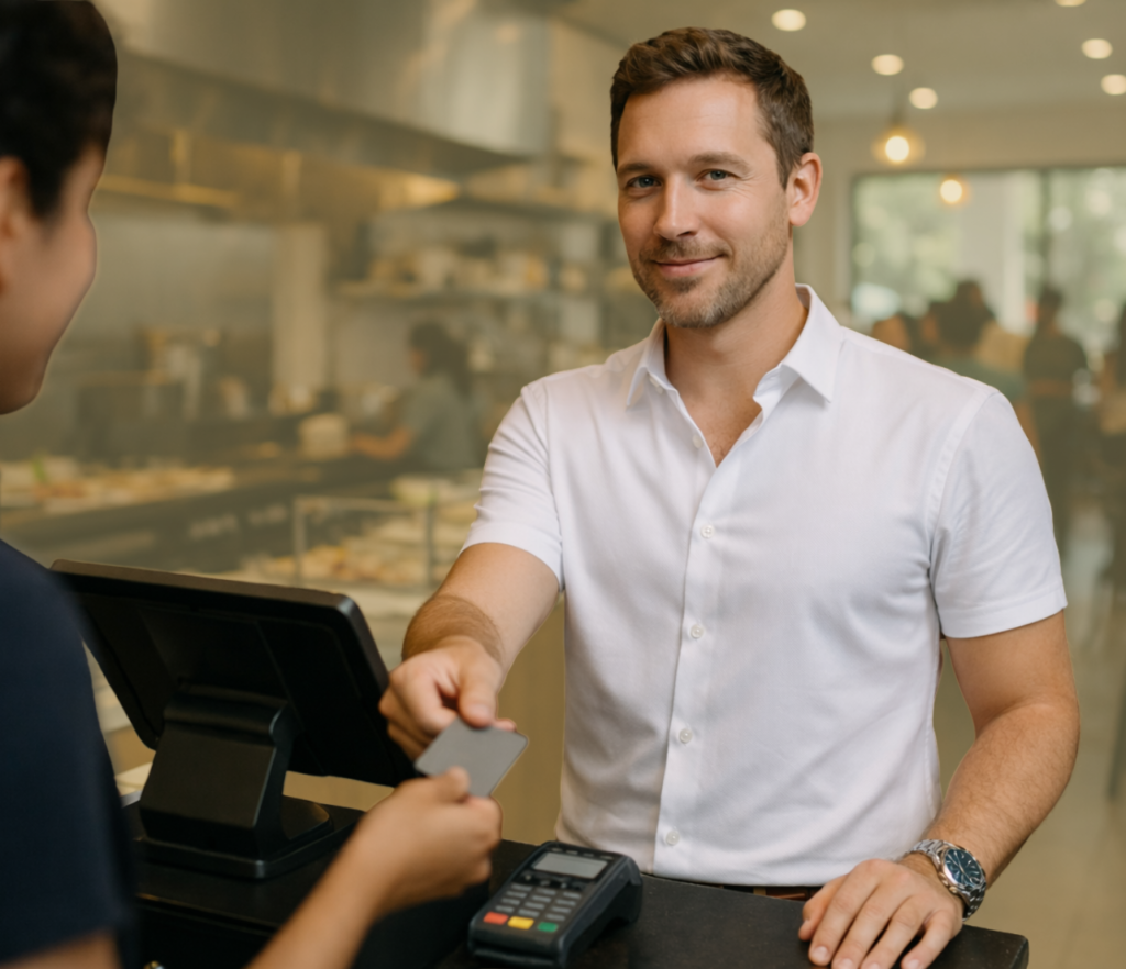 Customer handing a payment card to a cashier at a counter.