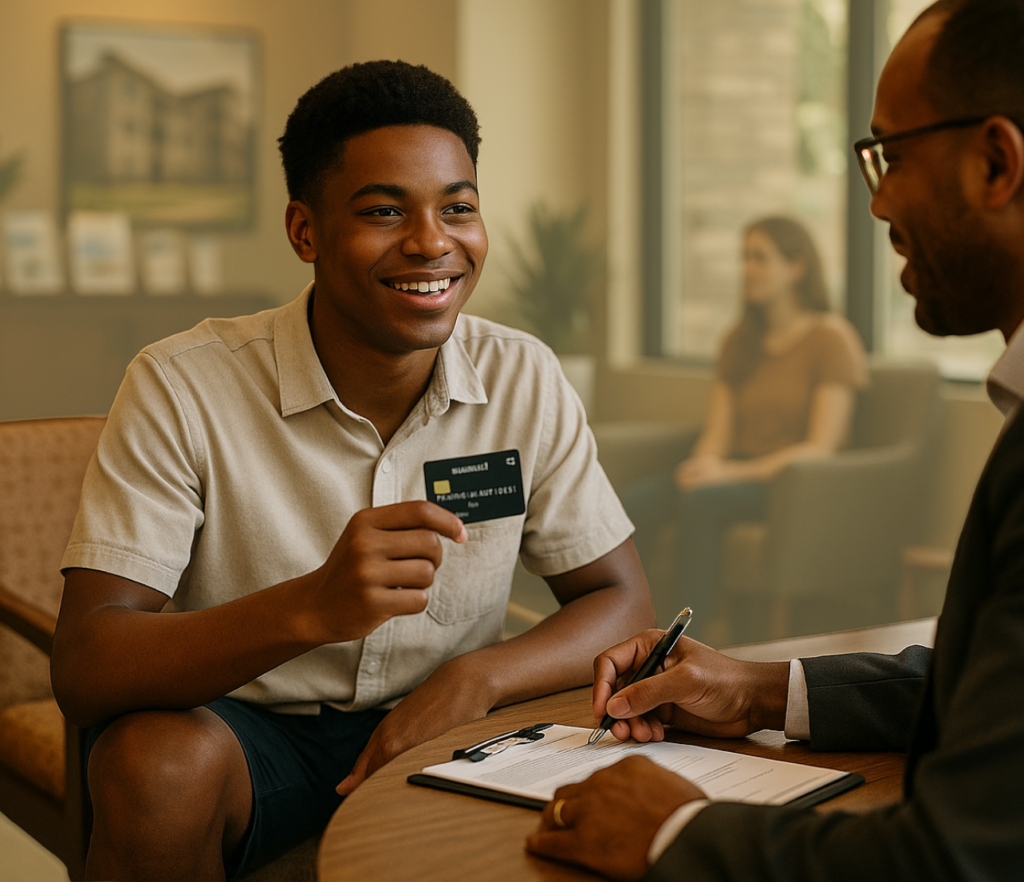 Young man holding a credit card while speaking with a financial representative across a desk.