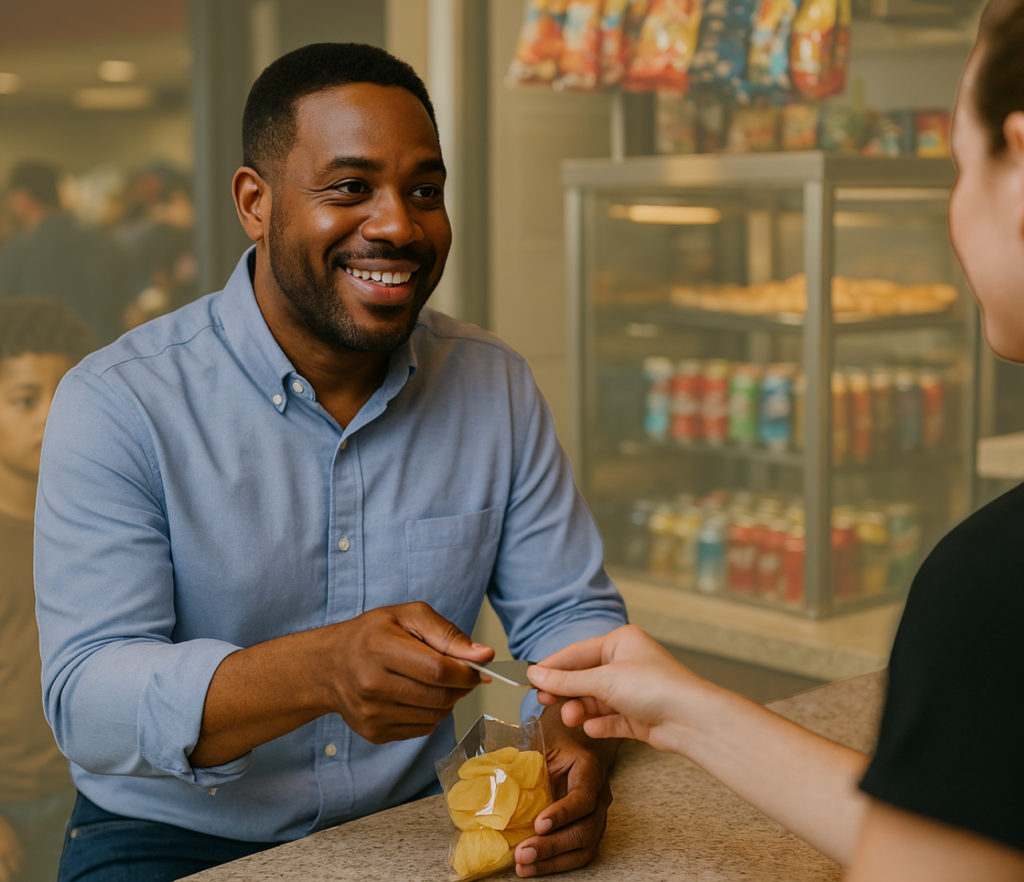 Man handing a payment card to another person at a snack counter.