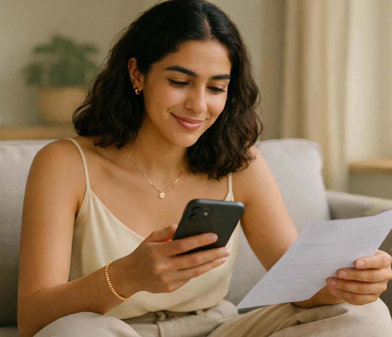 Woman looking at a phone while holding a paper document on a couch.
