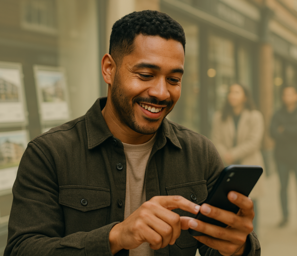Man smiling while using a phone in a shopping area.