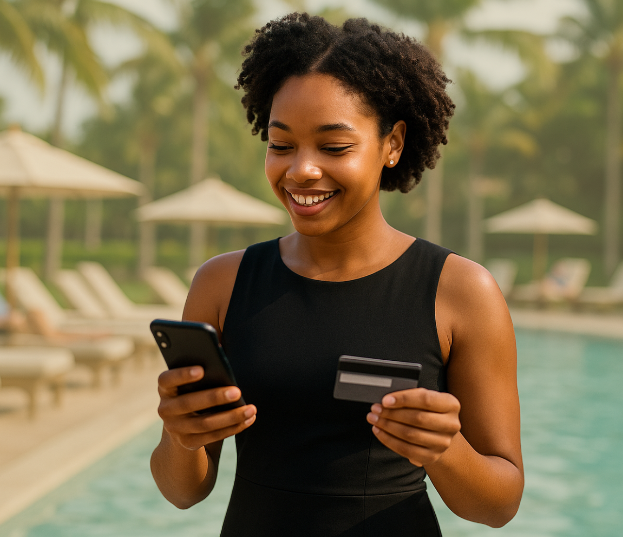 Woman holding a phone and payment card beside a poolside setting.