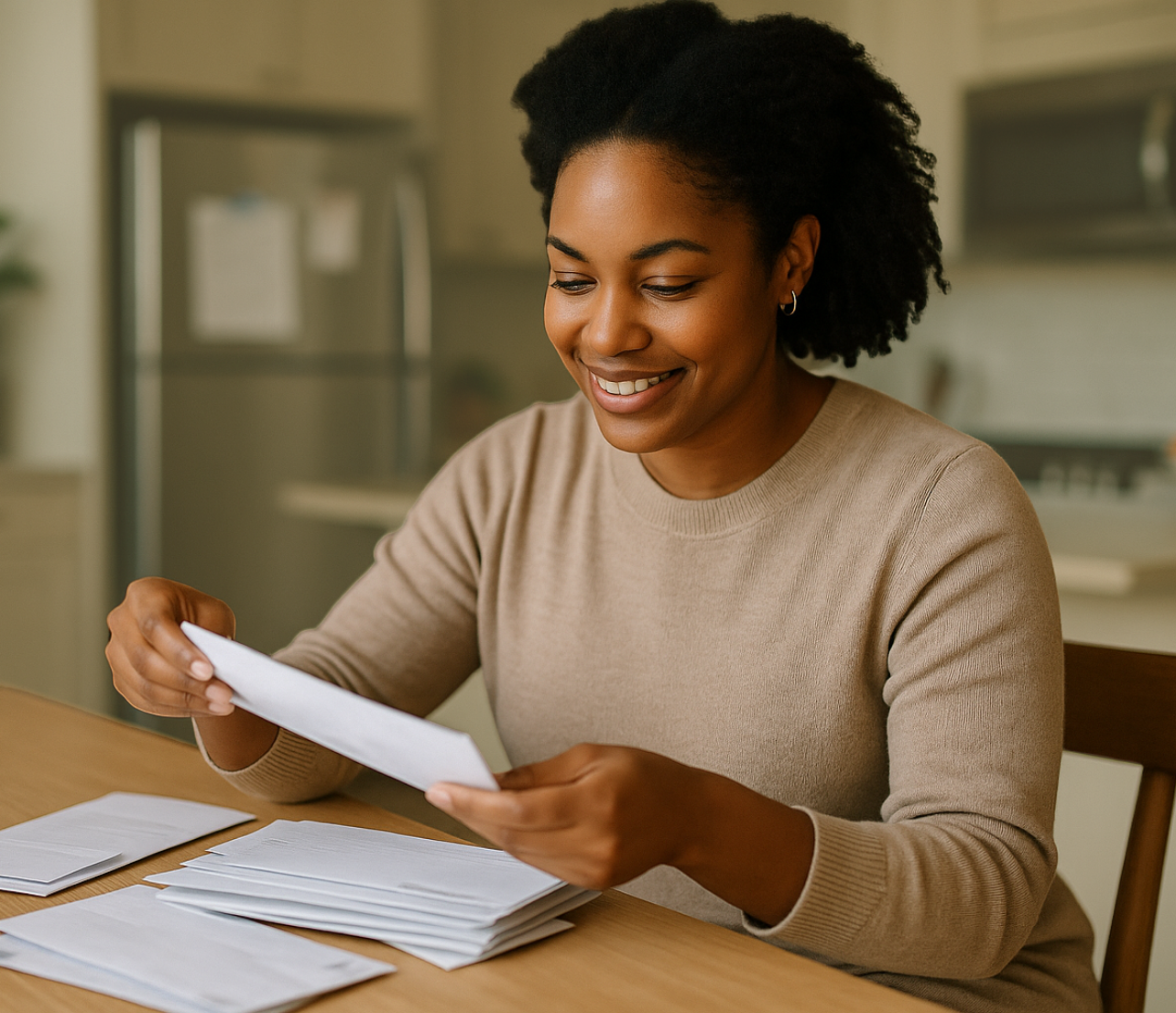 Woman sorting mail and reviewing a paper statement at a table.