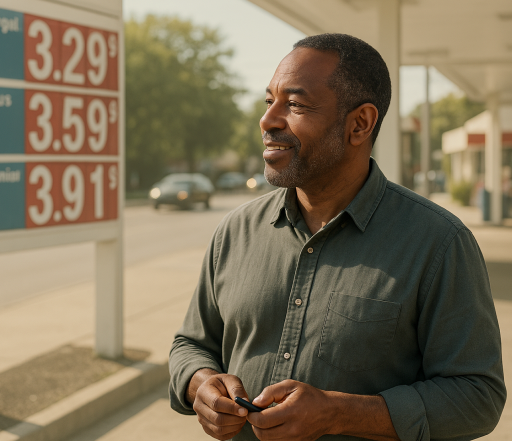 Man standing near a gas price sign while holding a phone outdoors.